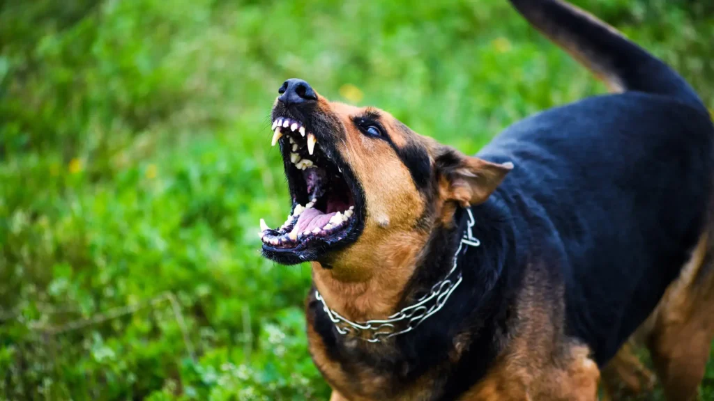 A snarling dog, possibly aggressive, wearing a chain collar and baring its teeth in an outdoor setting.
