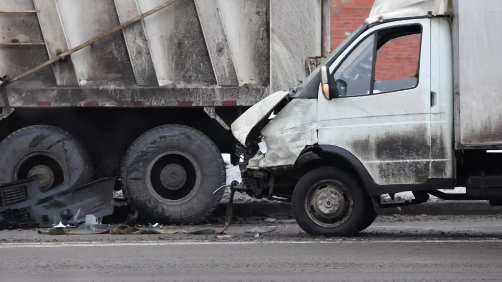 A severe collision between a garbage truck and a small vehicle, with visible damage to the van's front end